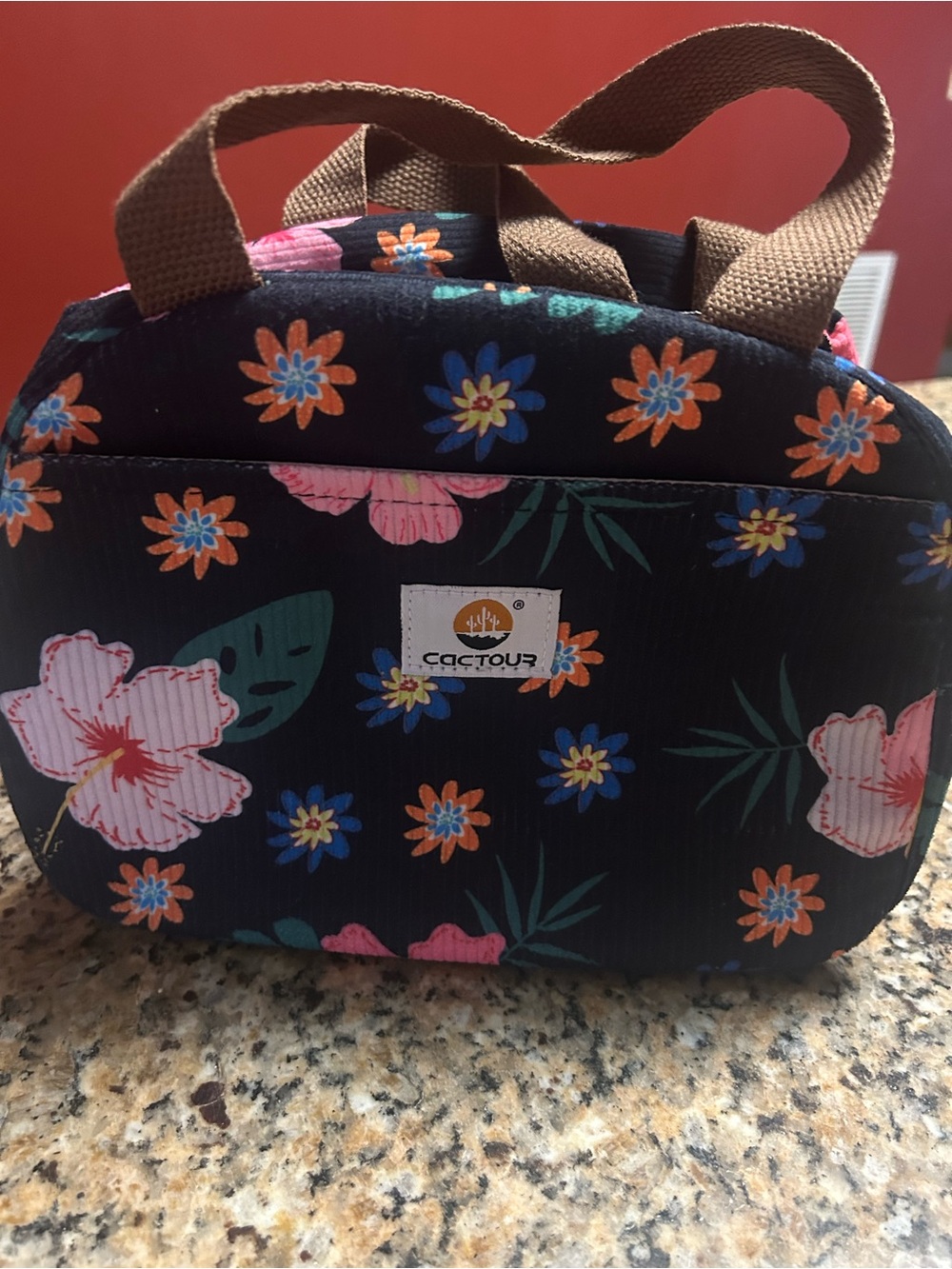 CUTE Like New corduroy Floral Lunch Bag in Black with Pink & Orange Flowers